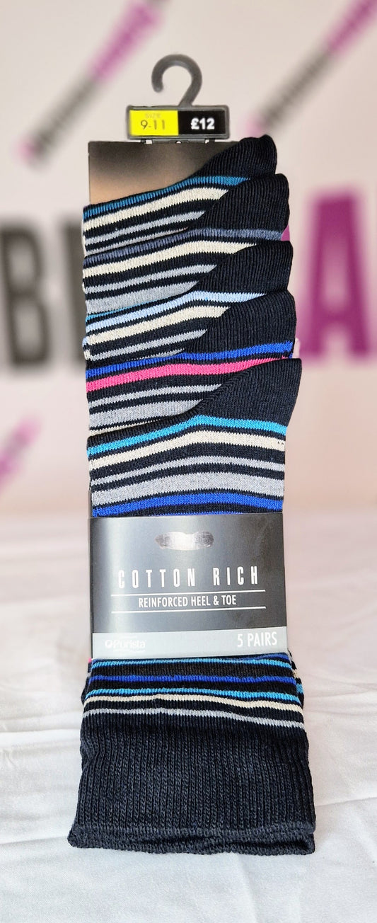 Top High Street Brands Men`s Cotton Rich Purista 5 Pack Socks Multi Stripe