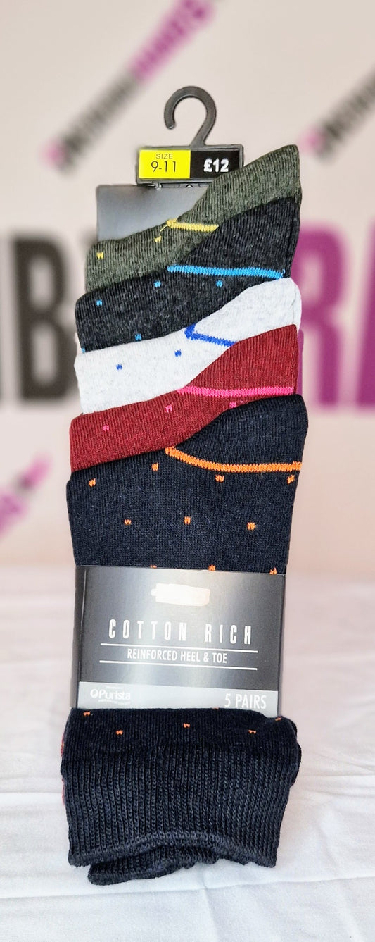 Top High Street Brands Men`s Cotton Rich Purista 5 Pack Socks Multi Stripe & Spots